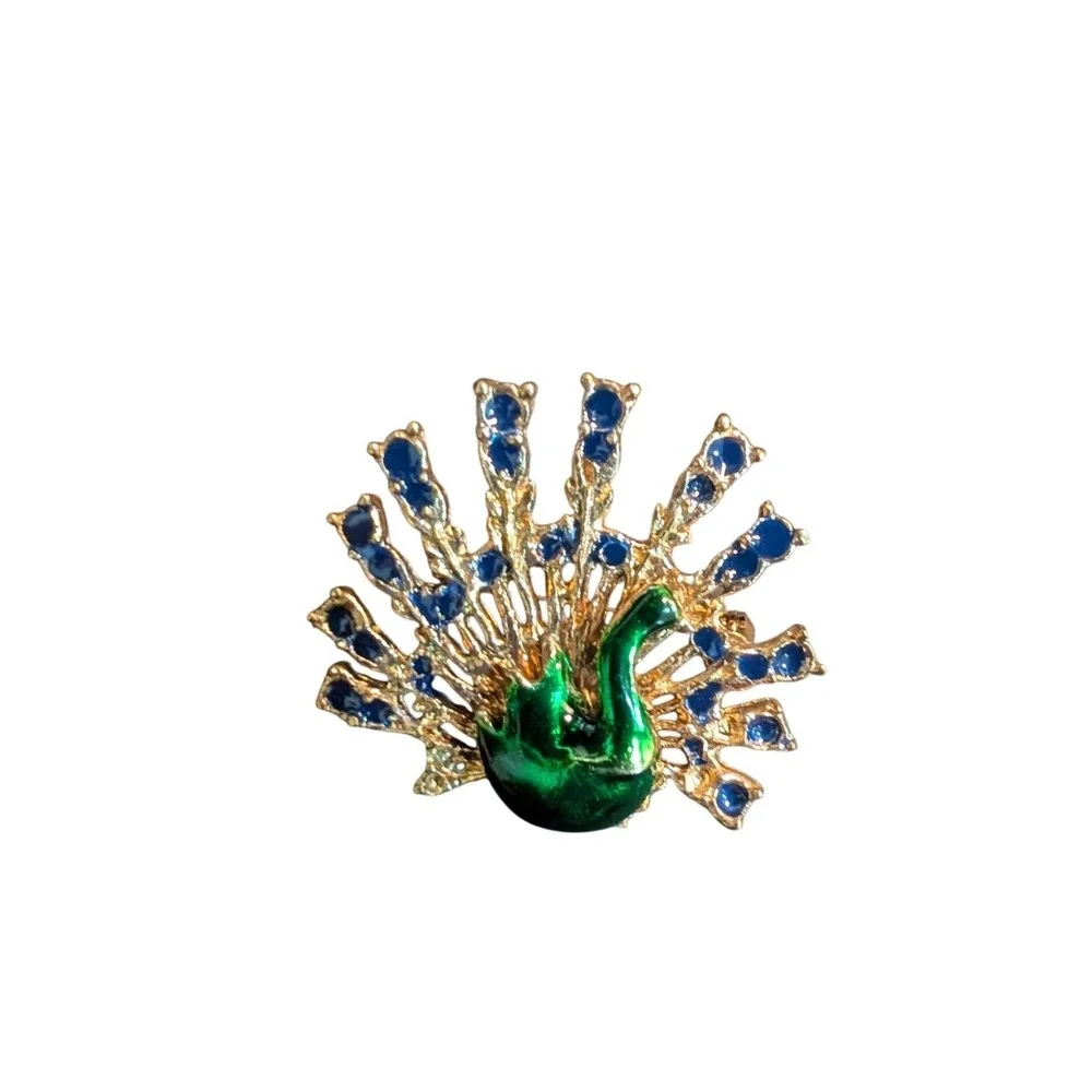 Vintage Peacock Brooch Gold Tone Green Enamel Blue Rhinestone Animal Pin